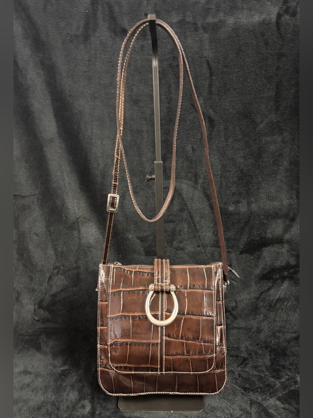Brighton Croc-Embossed Leather Crossbody Mini Bag Brown Silver Hardware